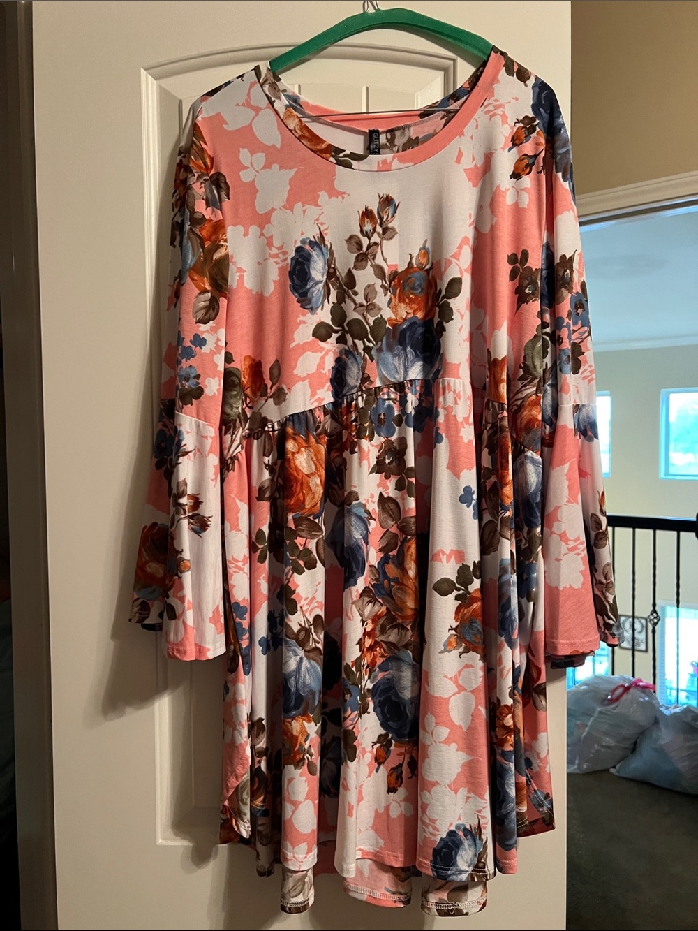 Women's Peach Floral Tiered Tunic Top with Long bell Sleeves